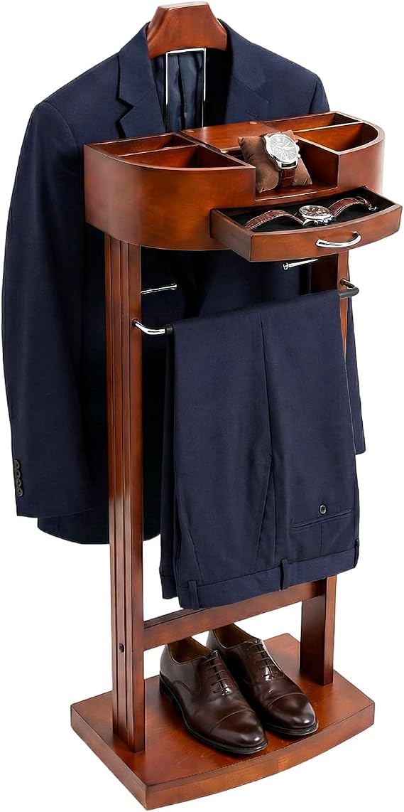 Suit Valet Stand, Freestanding Clothing Valet Stand with Drawer Top Tray, 10kg Load Capacity Wood Suit Rack, Mens Valet Stand with Base for Bedrooms, Living Rooms, Hallways, Foyers