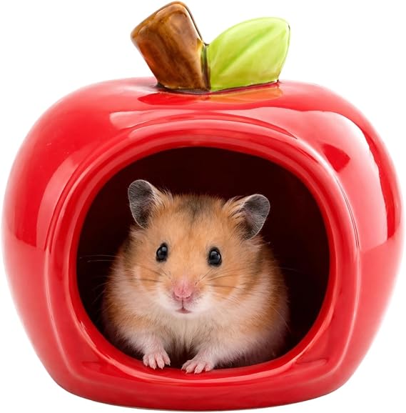 Bucatstate Hamster Cage and Hide, Ceramic Hamster House with Platform for Syrian Hamsters, Small Apple Red Hamster Bed, Durable Hamster Habitat with Multiple Hiding Spaces, Easy to Clean Ceramic Hamst