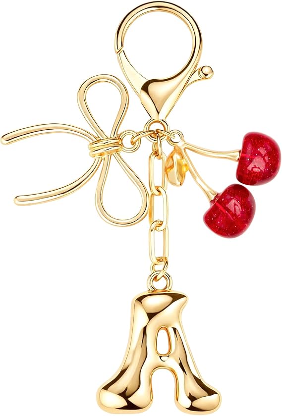 Initial Keychain Letter Bag Charms for Women, With Bow and Cherry Cute Purse Handbag Accessories (Red Cherry and Initial A)