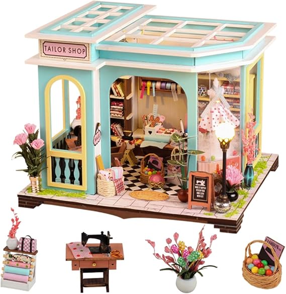 DIY Miniature Dollhouse Kit, Mini House Making Kit w/LED, Tailor's Shop