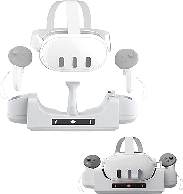 NUHFUFA Charging Base Station Compatible with Quest 3, Wall-Mounted Charging Dock for Quest 3 Headset & Controllers, Charger Stand with 2 Rechargeable Batteries Type-C Cable VR Accessories