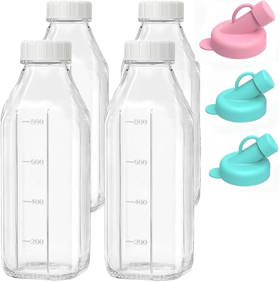 4 Pack 1000ml/33.8oz Liter Glass Milk Bottles with Lid,Reusable Dairy Drinking Bottles with Capacity Mark With 3pcs Silicone Bottle Dispenser for Juices, Dressings, Sauces, Beverages (4 Pack)