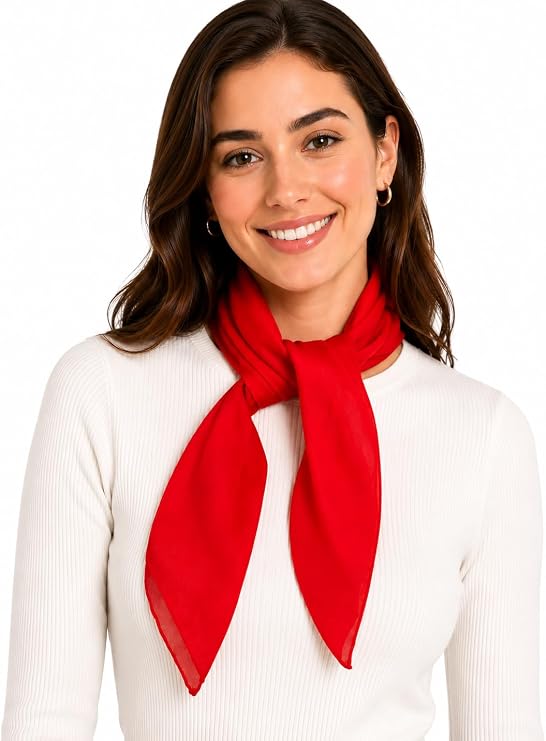 Red Chiffon Head Neck Scarf - Classic Retro Sheer Square Head Scarves Handkerchiefs Handbag Ties for Women and Girls