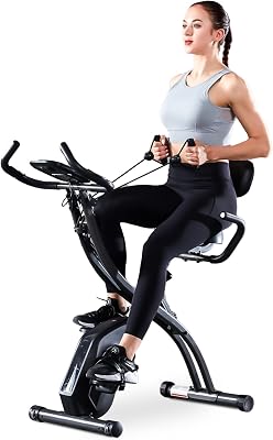 UMAY Folding Exercise Bike for Adult, Indoor Cycling Bike Stationary Upright Bike with Pulse, Arm Resistance Band, Comfortable Seat Cushion, Recumbent Workout Bike for Home Gym Cardio Training