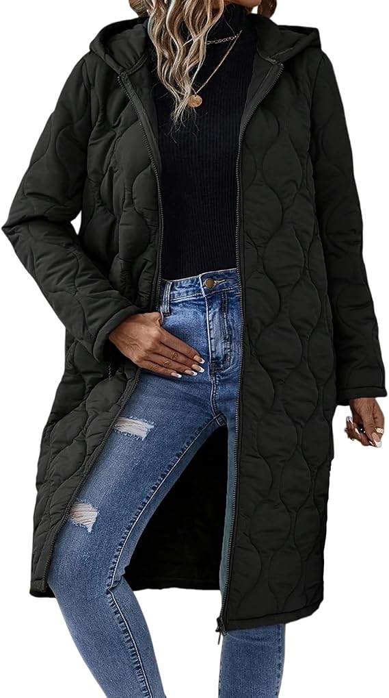 Women's Winter Puffer Jacket Long Sleeve Zip Up Lightweight Quilted Padded Coat Hooded Warm Outerwear with Pockets