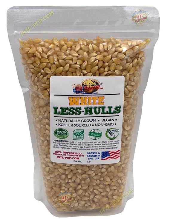 White Virtually Hulless (Less Hulls) Popcorn Kernels 7 lb Resealable Bag USA Grown NON-GMO, Vegan, KOSHER INTL POP