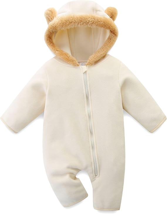 Baby Jumpsuit with Cute Bear Hoodie Warm Fleece Lined Newborn Snowsuit Rompers for Fall Winter 0-18 Month