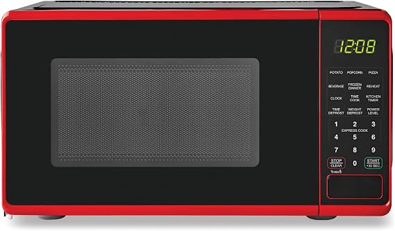 Mainstays 0.7 Cu ft Compact Countertop Microwave Oven, Black (red)