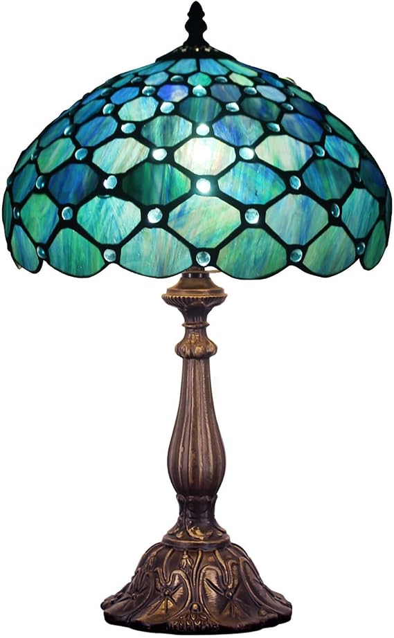 Tiffany Table Lamp Stained Glass Lamp 12X12X19 Inch Sea Blue Pearl | Antique Reading Light [Energy Class A]
