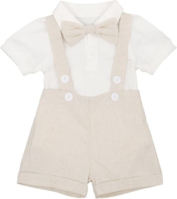 IMEKIS Baby Boy Baptism Outfit Christening Clothes Set, Newborn Toddler Bowtie Romper with Overalls Shorts 1st Birthday