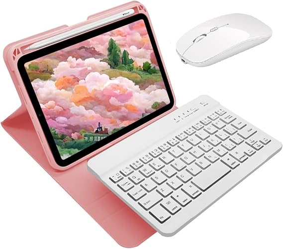 iPad 10th Generation 2022 Keyboard Case with Mouse Detachable Wireless Keyboard Eyepad 10 Cover Fits Apple Pencil Full Protection Business White Keyboard Pink+White