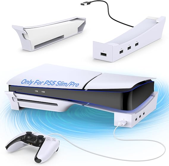 KOVA PS5 Console Horizontal Stand with 4 Port USB Hub Base Holder for PlayStation 5 Accessories Slim Disk & Skate Digital Edition Controller Charging White