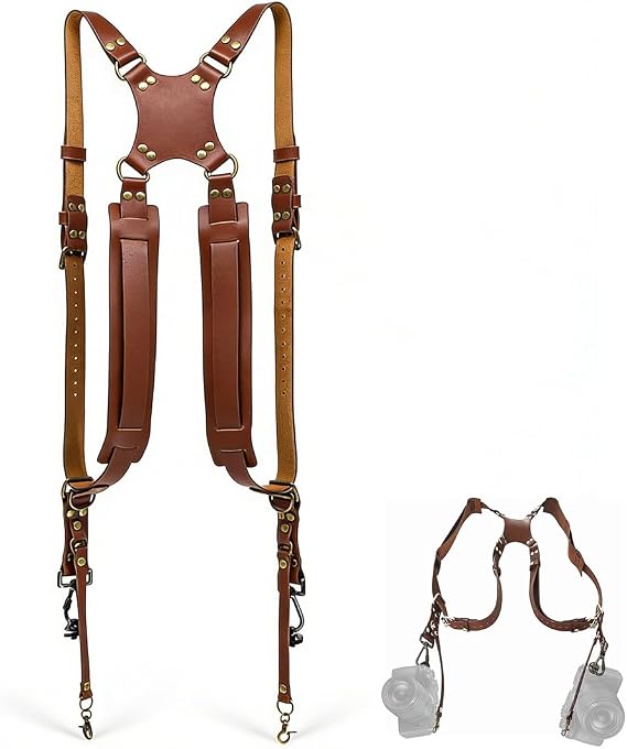 TROUVAILLE Camera Shoulder Strap, Dual Shoulder Leather Harness, Adjustable Leather Rivet Double Harness Shoulder Strap Accessory for DSLR/SLR, Brown
