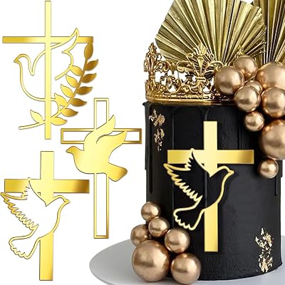 3pcs First Communion Cake Topper Peace Pigeon Cross Cake Toppers Gold Acrylic Baptism Cake Topper First Communion Decorations Baby Shower Cupcake Toppers Birthday Cake Decorating Kit Party Supplies