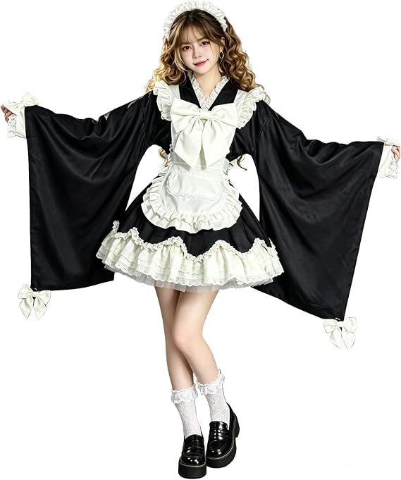 Japanese Kimono Maid Costume Black White Maid Cosplay Dress With Apron and Bows for Women Halloween