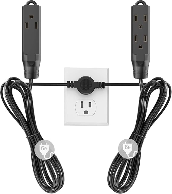 Twin Extension Cord with Multiple Outlets, 12 Ft Double Extension Cord | 6 Ft On Each Side, Flat Head (Wall Hugger) Extension Cord Power Strip for Indoor Use