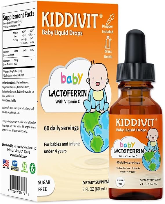 Baby Lactoferrin Liquid Drops Gentle Immune Support Supplement 100mg Formula Tasty Orange Flavor 60 Daily Servings Sugar Free, Gluten Free, Vegetarian, 2oz
