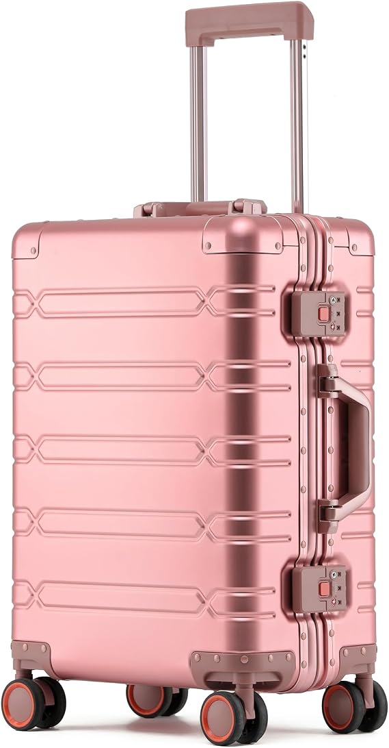 UrbanExplorer All Aluminum Carry On Luggage Hard Shell Suitcases with Spinner Wheels Zipperless Luggage 20 inch Small Carry On Suitcase for Short Trips, Pink
