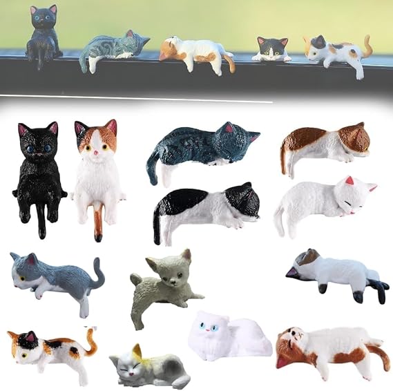 Mini Cat Desk Figurines Set of 5 Adorable Handcrafted Kittens for Your Workspace, Cute Resin Cat Car Dashboard Decoration, Mini Cats Ornament for Computer Monitor Mirror Home Desk Office (13 pcs)