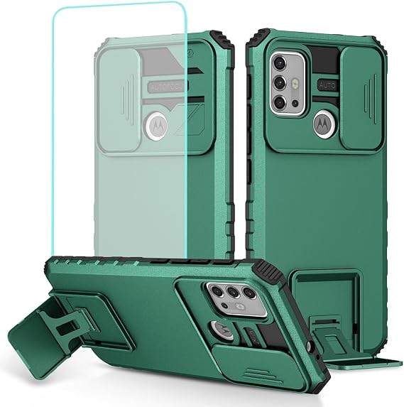 Case for Moto G30/Moto G10/Moto G20 XT2129-1 Case with Tempered Glass Screen Protector and Slide Camera Cover, Heavy Duty Kickstand Slim Protective Phone Cover for Motorola Moto G30 Dark Green