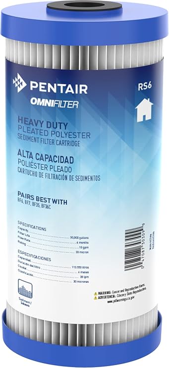 Pentair OMNIFilter RS6 Sediment Water Filter, 10" Whole House Heavy Duty Big Blue Pleated Replacement Cartridge, 10" x 4.5"