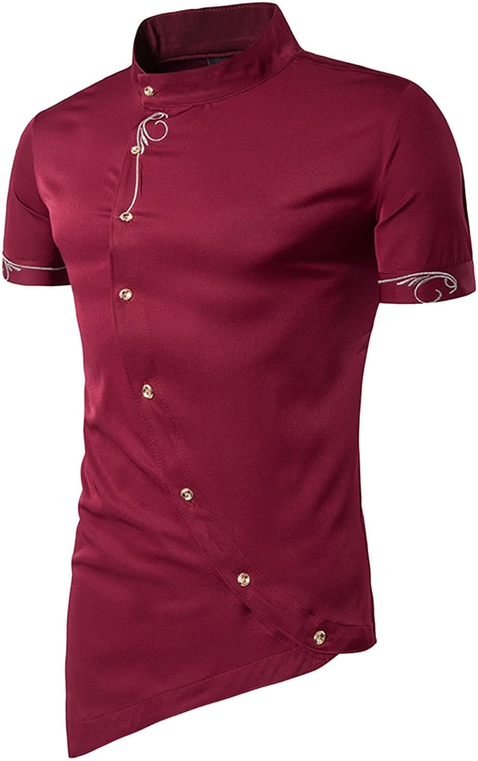 Mens Designer Paisley Dress Shirts Stand Neck Tops Asymmetric Button Up Business Wrinkle Free Embroidered Poplin Shirt