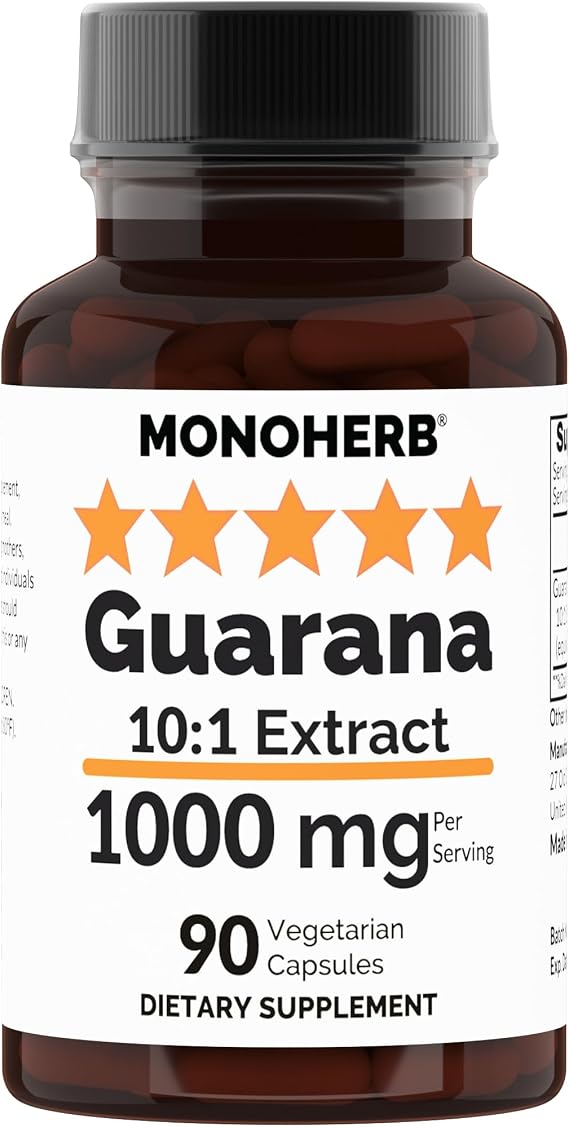 MONOHERB Guarana 10:1 Extract - 1000 mg per Serving - 90 Vegetarian Capsules - 45 Servings per Bottle