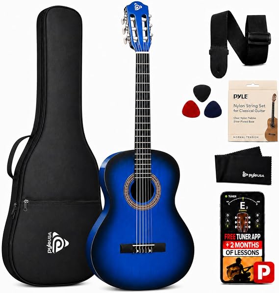 Pyle 36-Inch Beginner Classical Acoustic Guitar Kit, 3/4 Size Junior Nylon String Guitar for Kids and Adults, Includes Gig Bag, Strap, Spare Strings, Picks, Cleaning Cloth, 18 Frets, Blue Burst