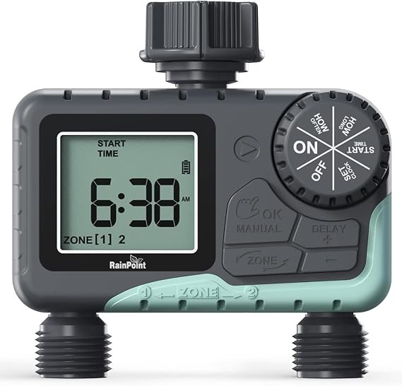RAINPOINT Sprinkler Timer, Programmable Garden Hose Timer for Outdoor Faucet, Digital Water Timer with Rain Delay/Manual/Automatic Watering System, Waterproof Irrigation Timer for Patio Lawn,2 Outlet