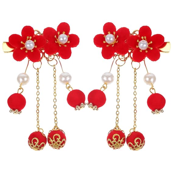 Kimono Flower and Tassel Hairpins - Ancient Chinese Style Hanfu Hair Accessories for Girls (1 Pair)