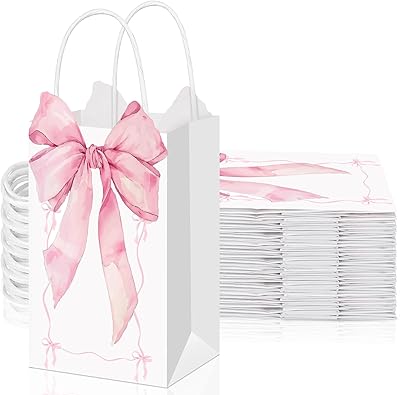Skyygemm 16 Pcs Bow Pink Coquette Bow Gift Bags with Handles 8 x 4.3 Inch Small Pink Kraft Paper Bags for Treat Goodie Candy Birthday Wedding Bridal Shower Party Favor Supplies