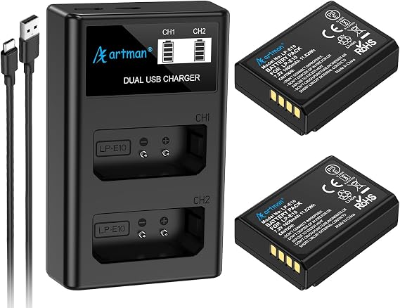 Artman LP-E10 Battery 2-Pack 1600mAh and Upgraded USB-C Dual LCD Charger for Canon LP E10, EOS Rebel T3 T5 T6 T7 T100, Kiss X50 X70 X80 X90, EOS 1100D 1200D 1300D 1500D 2000D 3000D 4000D Cameras