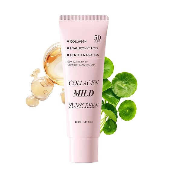 Collagen Mild Centella Sunscreen SPF 50 for Face, Broad Spectrum Protection, Hydrating Facial Sunscreen with Peptides & Cica, Lightweight Non-Greasy, No White Cast, Natural Glow, Travel Size (1PC)