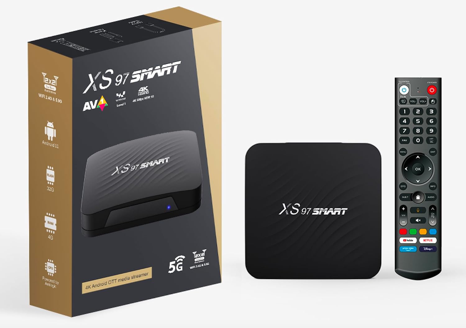 XS97 TV Box 4K Android 11, Amlogic S905Y4 chip DDR4 4GB Ram 32GB ROM Dual WiFi with bluteooth, 5G WiFi