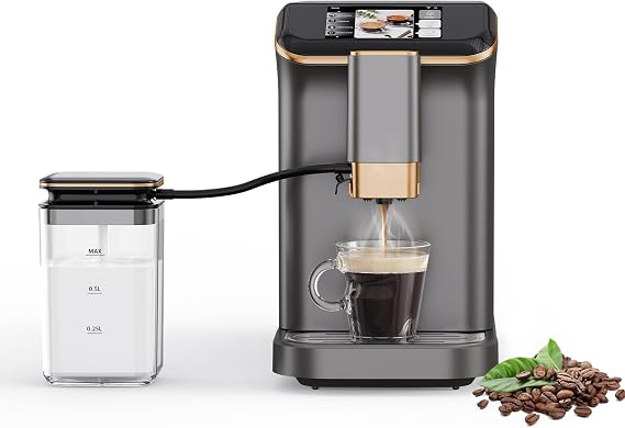 Espresso Maker With Milk Frother - Fully Automatic, 4-Beverage Options, Built-In Grinder, Intuitive Touch Display, and Sleek Gunmetal Finish
