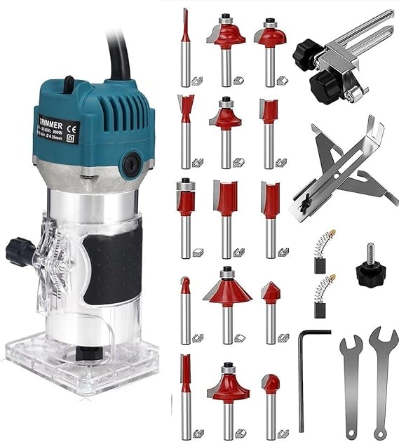 110V Router Tool, 800W Wood Trim Router, 30000RPM Electric Hand Trimmer, Palm Router with 15x 1/4 Router Bits & 2x Trim Guides for Woodworking Tools, Adjustable Base Height w/Scale