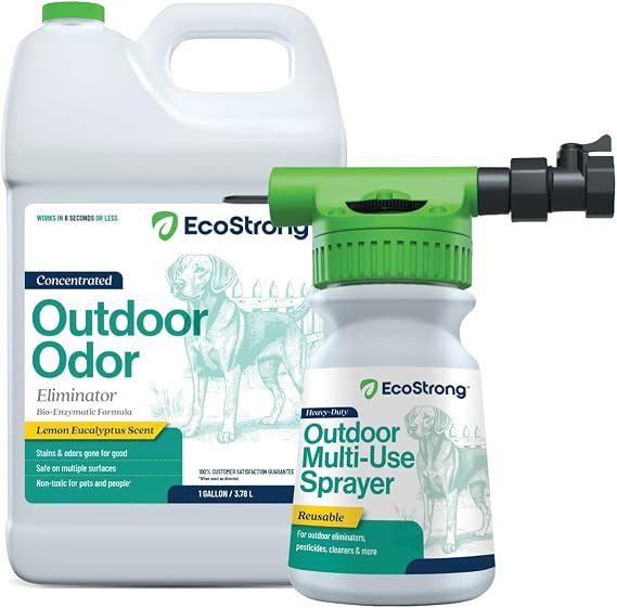 Eco Strong Outdoor Odor Eliminator | Outside Dog Urine Enzyme Cleaner Powerful Pet, Cat, Animal Scent Deodorizer | Professional Strength for Yard, Turf, Kennels, Patios, Decks (Gallon with Sprayer)