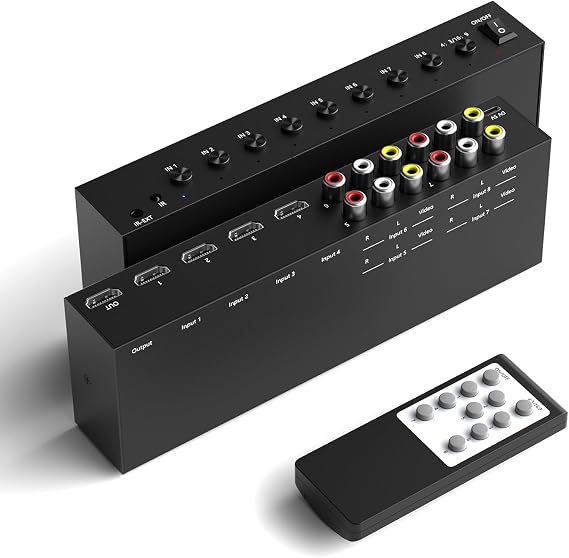 8 in to 1 Out RCA/HDMI Switcher,4 Way HDMI 2.0 + 4 RCA to HDMI Converter,4:3/16:9 Switcher Support 4K and 3D for PS1/2/3/4/5, N64, SNES, Switch, DVD, Roku, Fire Stick,etc.