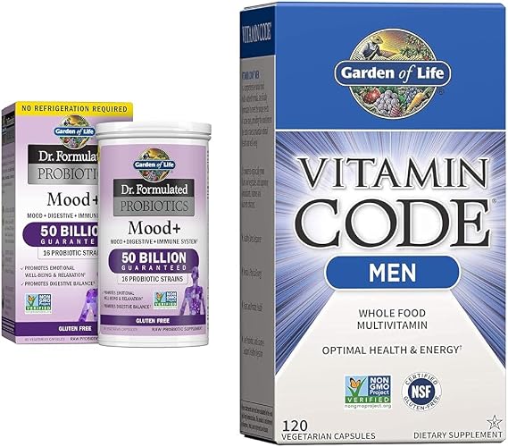 Garden of Life Dr. Formulated Probiotics Mood+ Acidophilus Probiotic Supplement & Vitamin Code Whole Food Multivitamin for Men, Fruit & Veggie Blend