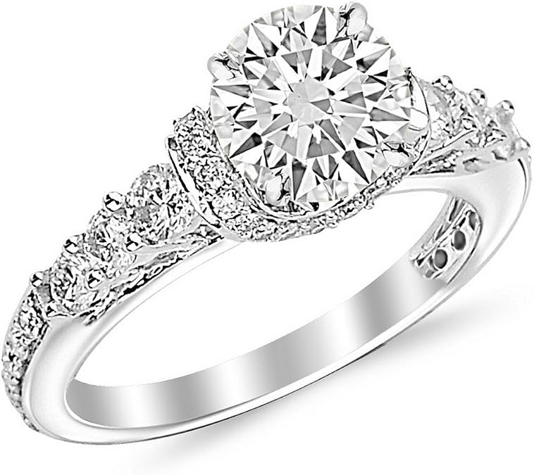 Houston Diamond District 2 Carat 14K White Gold Round Cut Designer Four Prong Round Diamond Engagement Ring (I-J Color, SI2 Clarity)