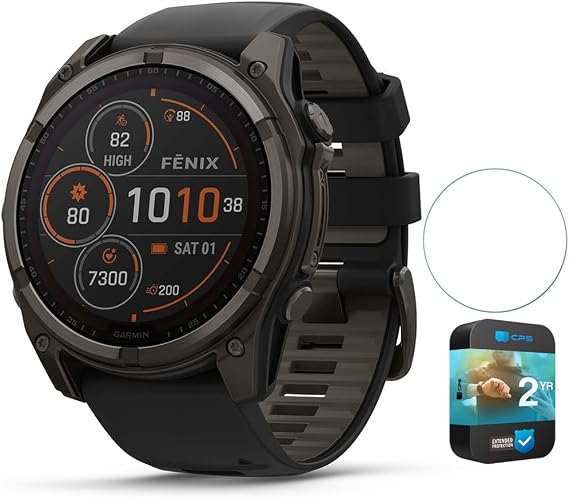 Garmin Fenix 8 47mm Solar Sapphire Multisport GPS Smartwatch, Carbon Gray DLC Titanium with Black/Pebble Gray, 010-02906-10 - Bundle w/Deco Essentials 26-Month CPS Plan
