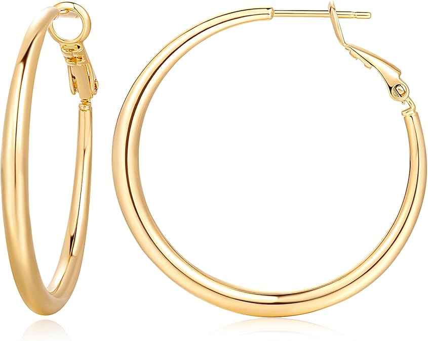 AMELINE 14K Gold Earrings for Women Shiny Gold Hoop Earrings Small Gold Hoop Earrings for Women Thicker Hoops Earring Well-polished Finish (30 mm*2.9 mm)