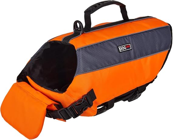 Dogline Dog Life Jacket Dog Life Vest for Swimming and Boating in Hi-Viz Colors with Reflective Strips Mesh Underbelly for Draining and Drying and Top Carry Handle 11 to 15" Girth Neon Orange