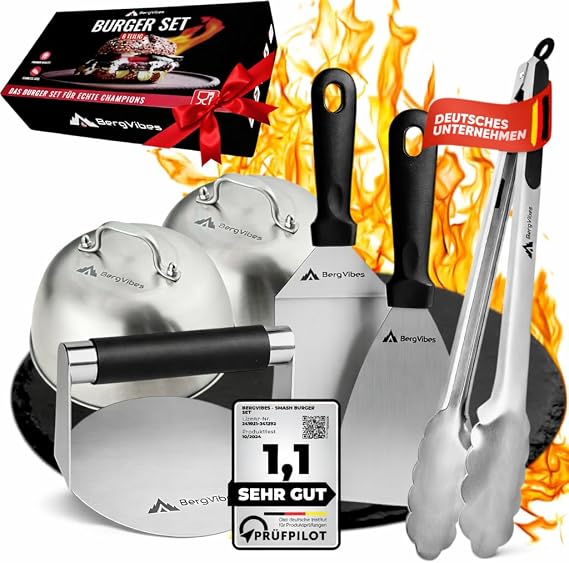 Smash Burger Set of 6 Stainless Steel for Plancha 2 Burger Bells Burger Press Smasher Patty Turner Barbecue Tongs Burger Smasher Set the Ideal Gift Set (Exclusive)