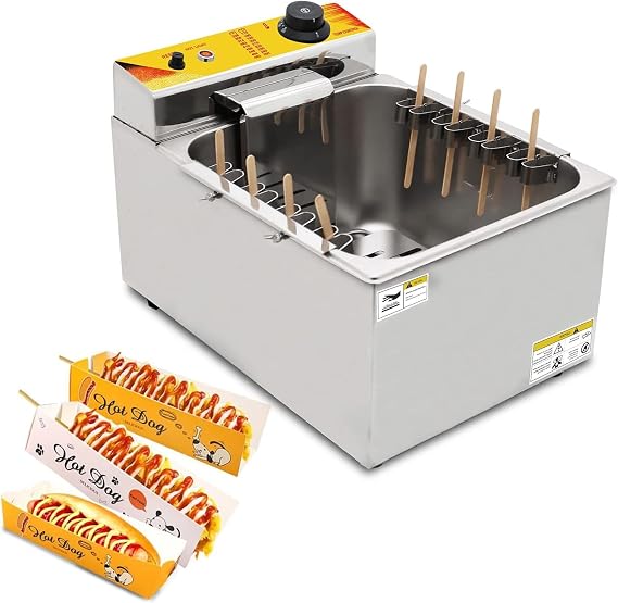 12 L Commercial Corn Dog fryer Korean Corndogs Hot Dogs Maker Machine Waffle Stick Maker Mozzarella with 8 detachable hooks for Snack Stainless Steel