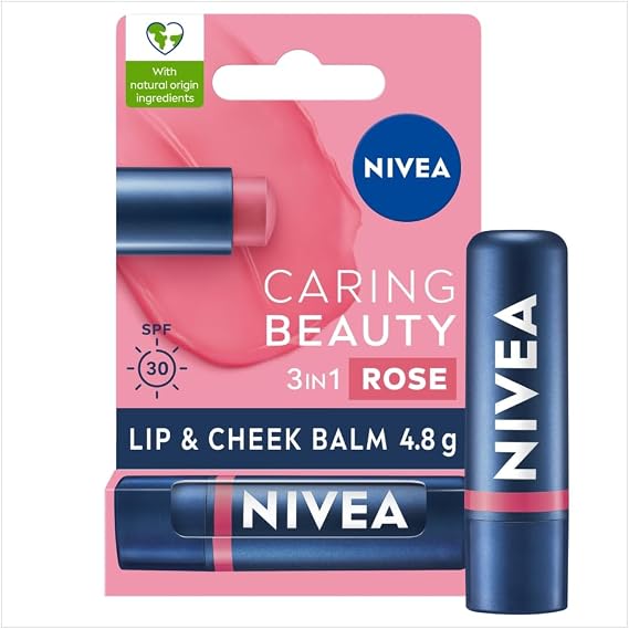 NIVEA Rose Renkli Nemlendirici Dudak Bakım Kremi 4.8gr, SPF30, Allık Etkisi, Dudak ve Yanaklar, E Vitamini