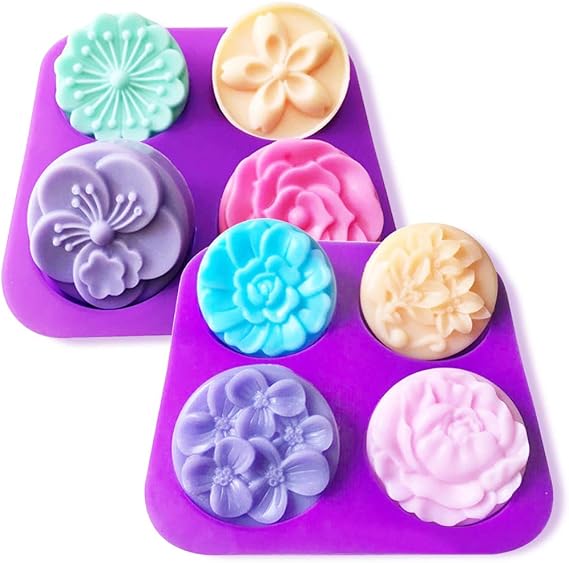 Silicone Soap Molds, 2Pcs Flower Homemade DIY Silicone Soap Mold Cupcake Baking Mold Muffin Pan, 4 Cavity Soap Making Mold Supplies