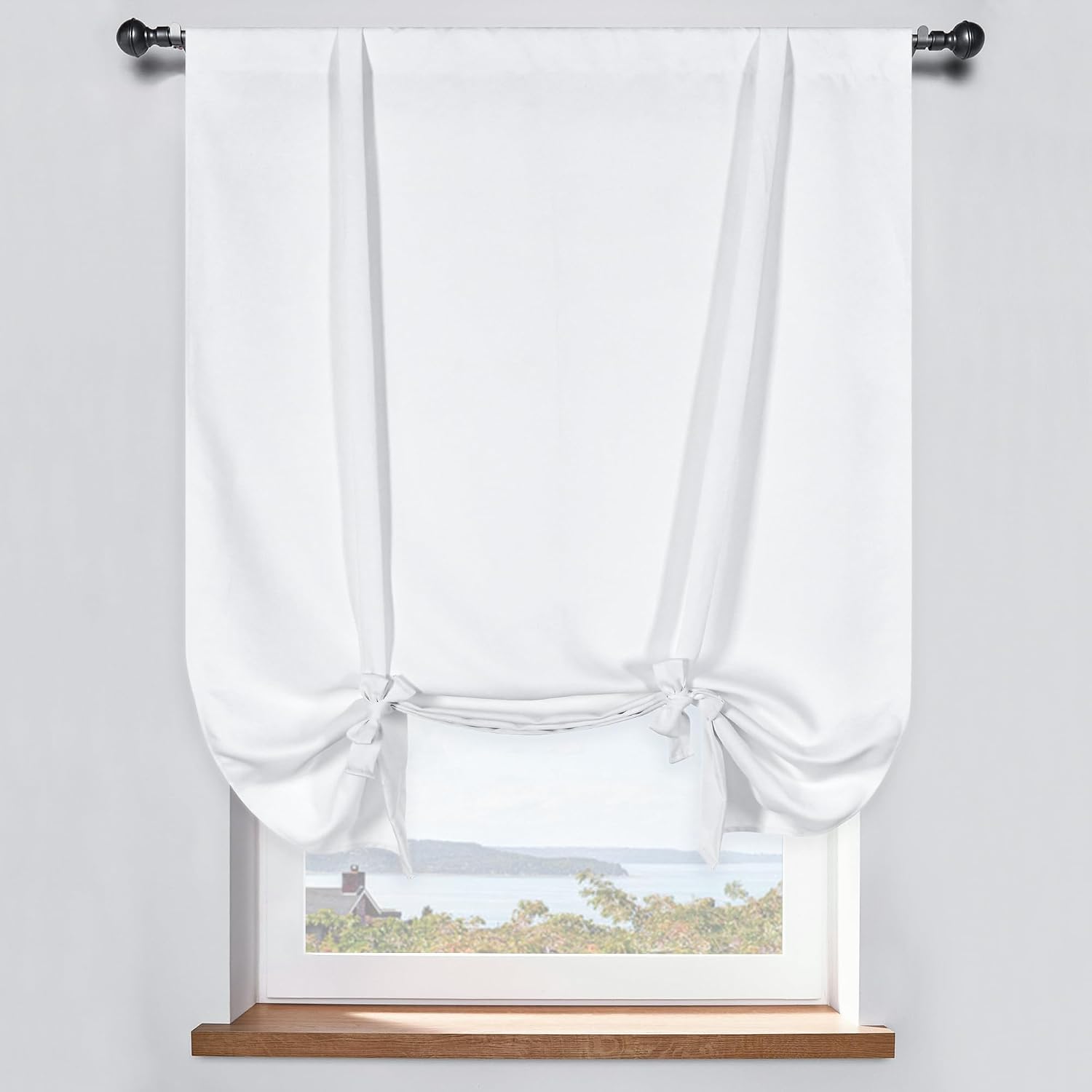DONREN Adjustable Thermal Insulated Solid Blackout Curtain Energy Efficient Tie Up Shades Rod Pocket Panel for Kitchen Pure White, 34W x 54L, One Panel