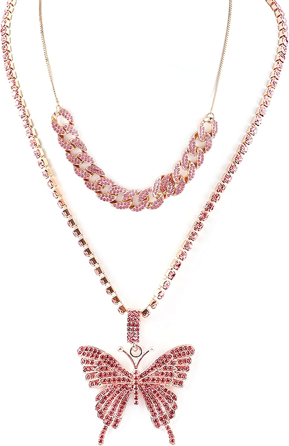MILAKOO Iced out Butterfly Cuban Link Necklaces Women Hip Hop Necklace Chain with Bling Rhinestones