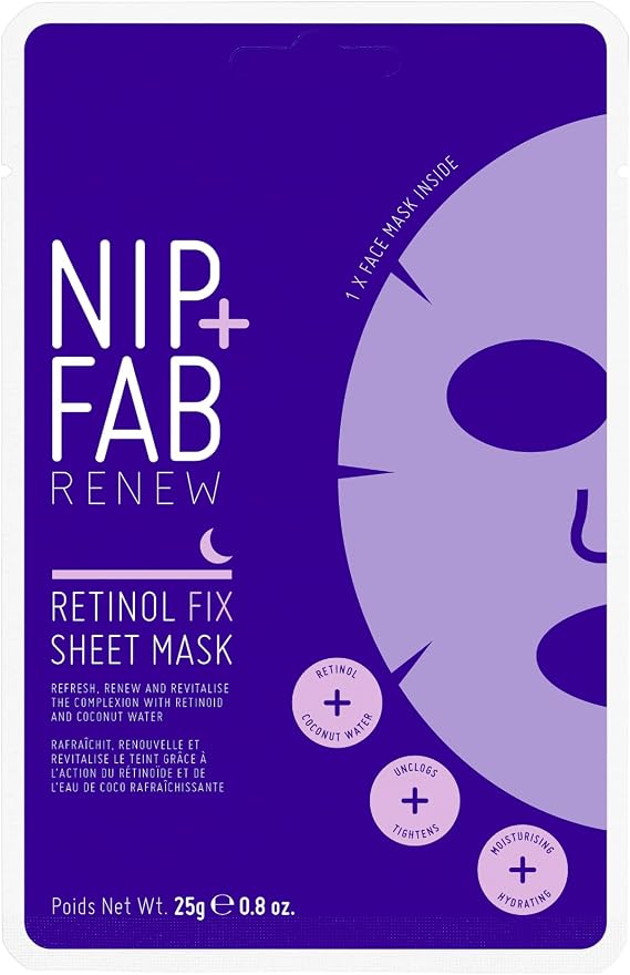 Nip + Fab Retinol Fix Sheet Mask for Face with Coconut Water, Edelweiss Flower Extract, Hydrating Gel Facial Mask for Refining Minimizing Pores, 24ml
